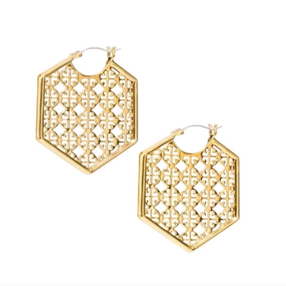 Tory Burch Gold Hexagon Perforated Hoop Earrings - Picture 3 of 8